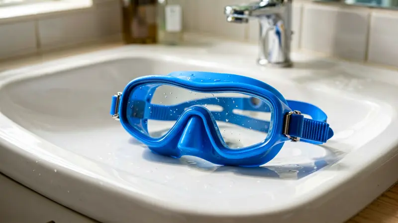 pair of blue shower goggles resting on a sink