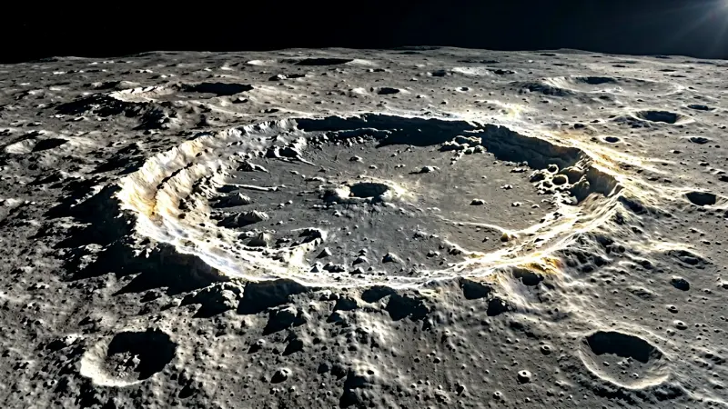 Cratered surface of the moon illuminated by sunlight