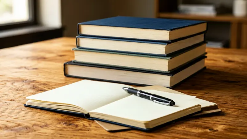 Stacked books and notebook with a pen on a wooden table