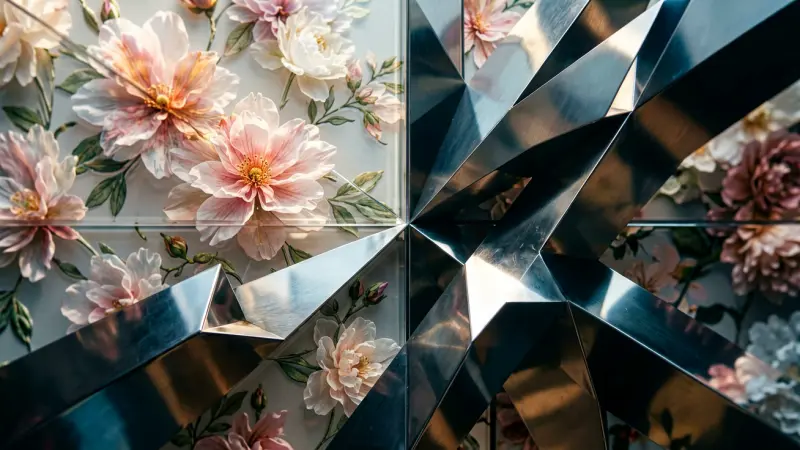 Abstract contrast between delicate floral patterns and bold angular metallic structures