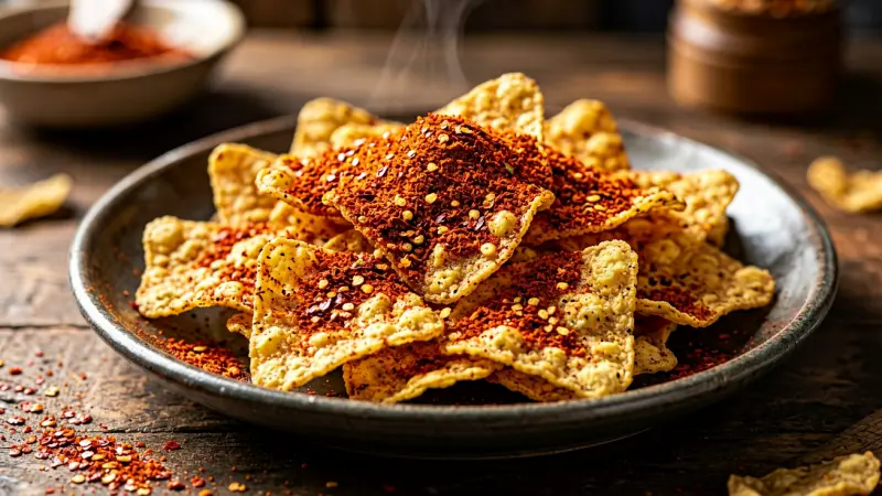 chili powder coating on crunchy corn chips
