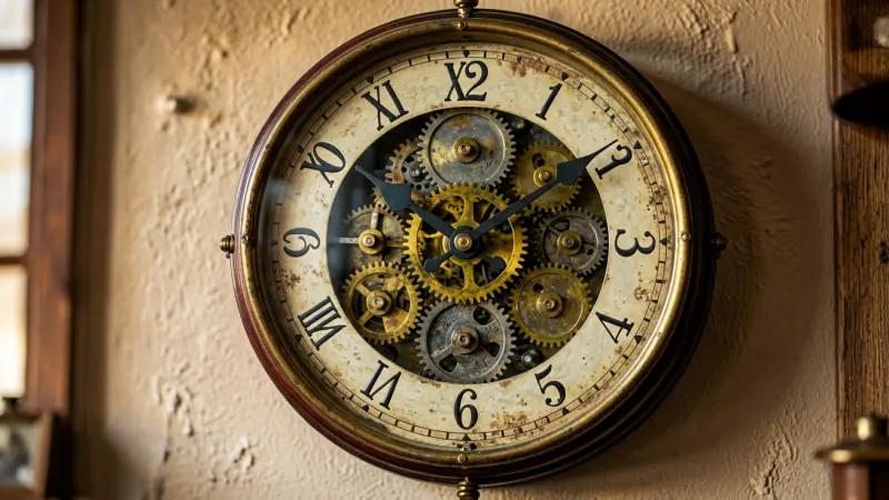 Vintage mechanical wall clock with visible gears
