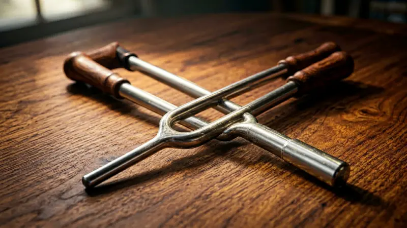 tuning fork resonating on wooden surface