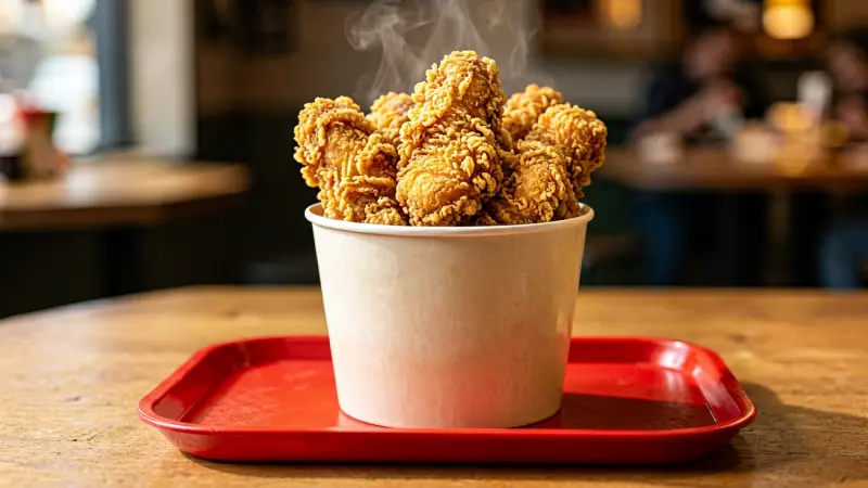 Golden fried chicken bucket on a red tray