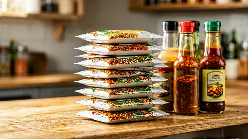 Stack of seasoning packets and condiment bottles
