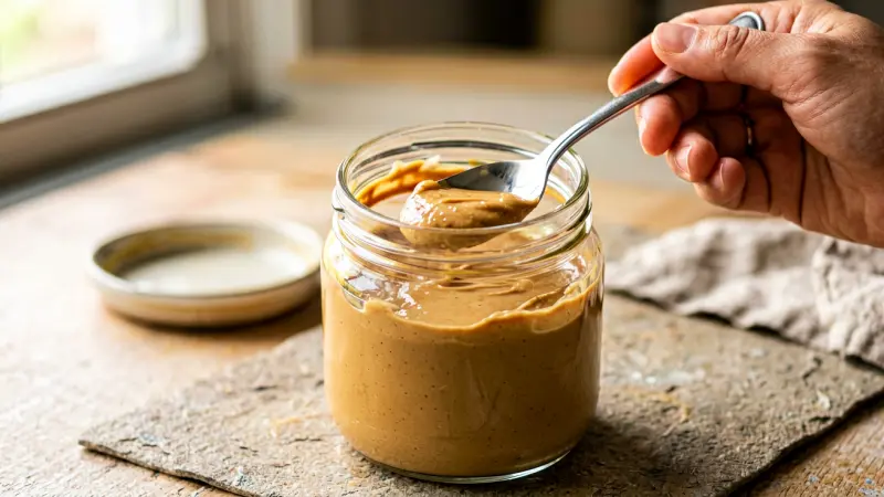 open jar of creamy peanut butter with a spoon