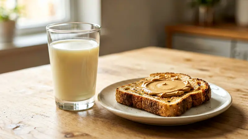 glass of milk next to a plate of toast with peanut butter