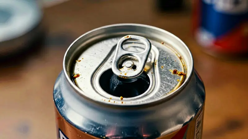 Opened aluminum soda can with metallic residue on rim
