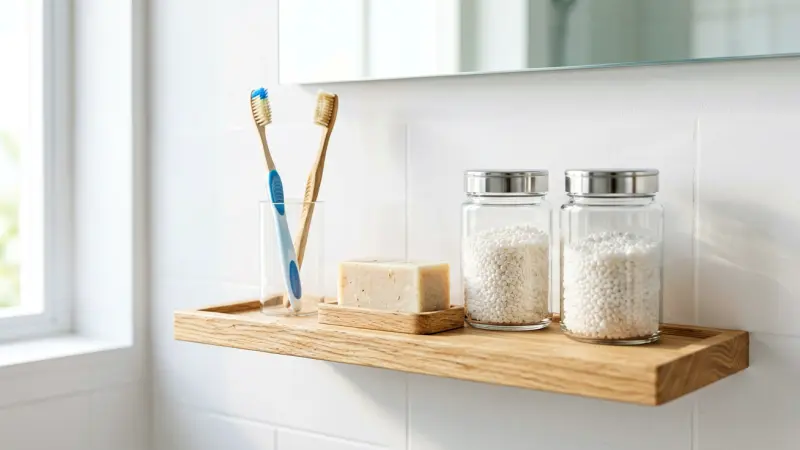 Minimalist wooden shelf holding reusable bamboo toothbrush, soap bar, and glass storage jars in a bright bathroom