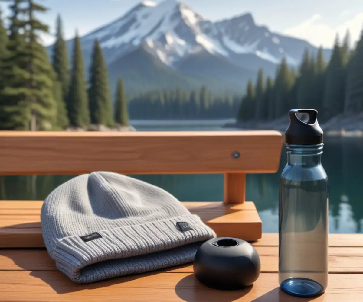 A grey knit beanie folded neatly on a wooden gym bench next to a black water bottle.