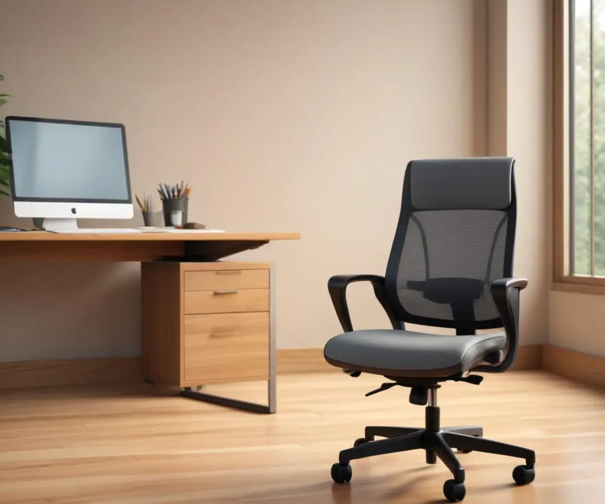 Empty modern office chair sitting in front of a clean, wooden desk