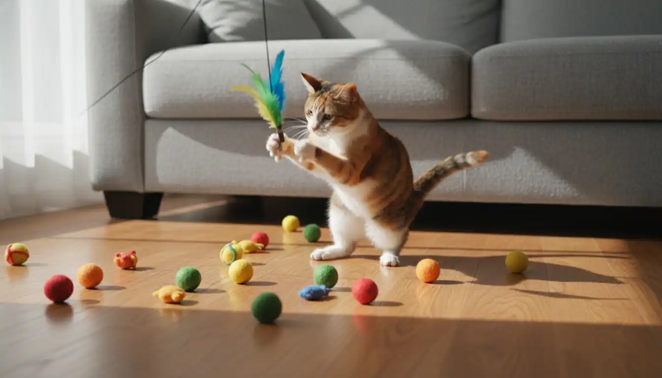 Happy cat playing with a toy in a stimulating environment
