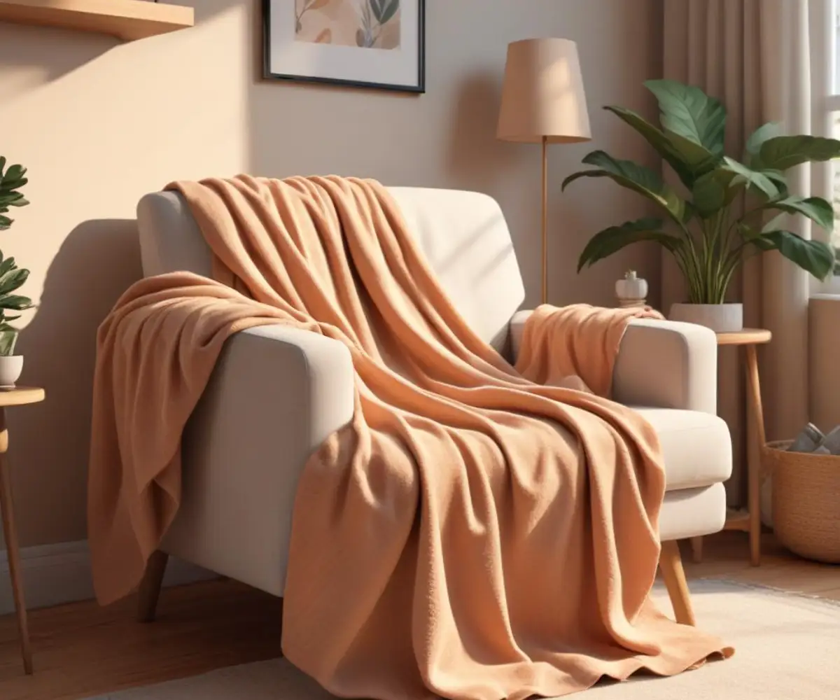 A warm, soft, textured blanket draped over a comfortable armchair in a cozy living room.