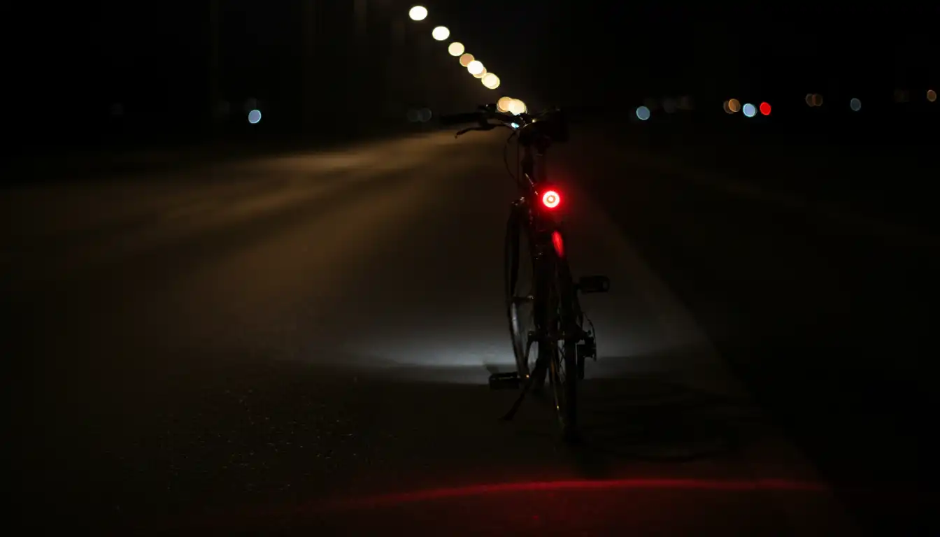 Cyclist riding at night with dim lights barely visible