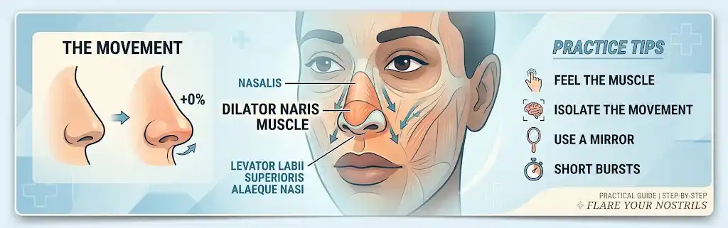Anatomical diagram and step-by-step infographic illustrating how to isolate and control the dilator naris muscle to flare nostrils on command.