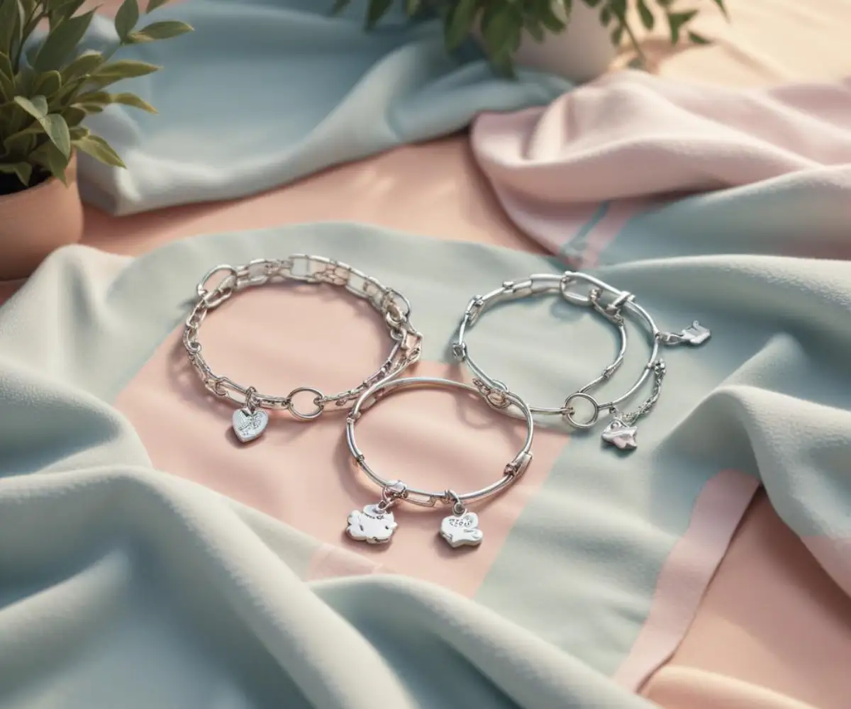 Two delicate, interlocking silver charm bracelets resting on a soft, pastel-colored blanket.