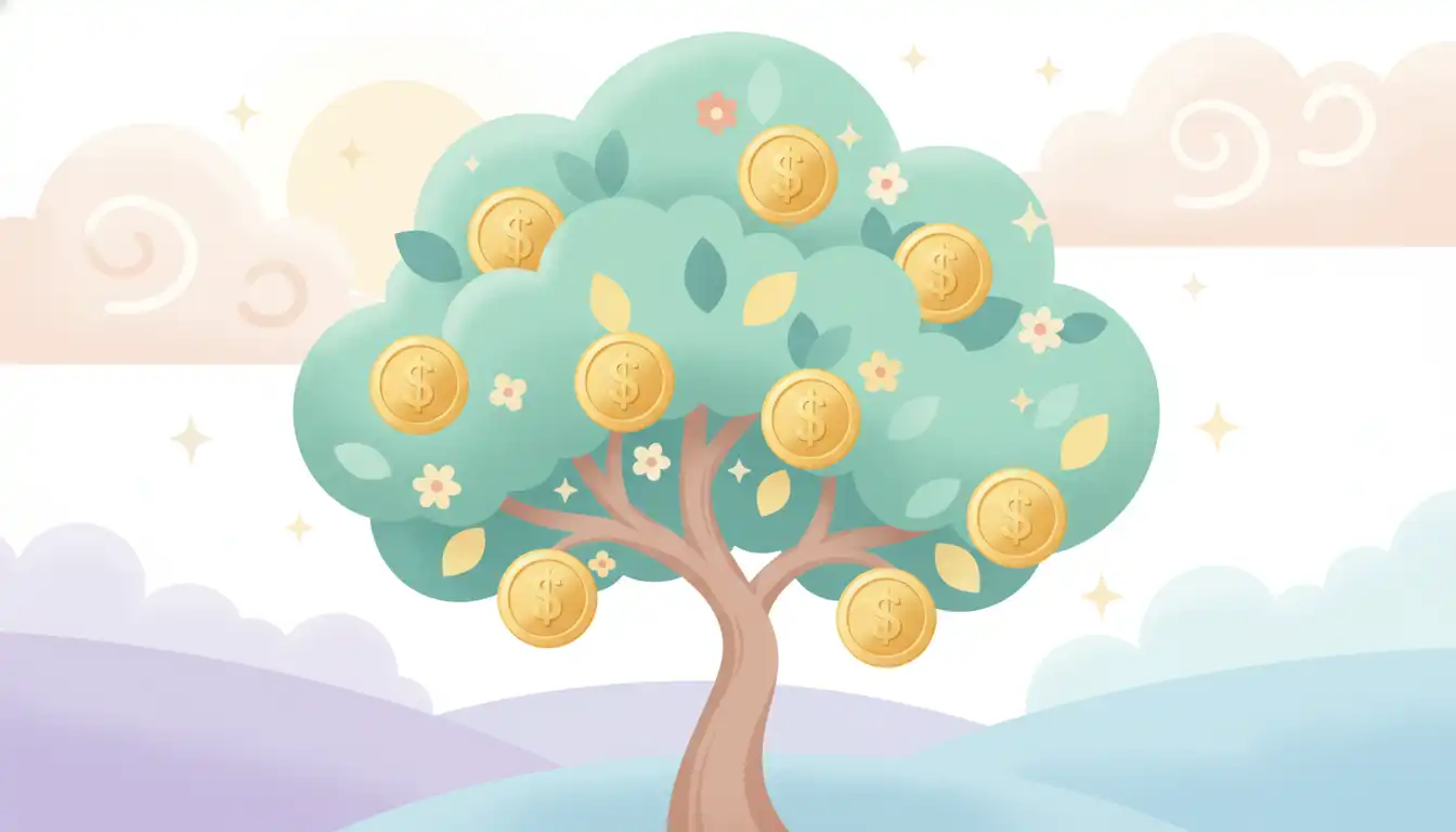 A vibrant, healthy money tree with gold coins blossoming from its branches.