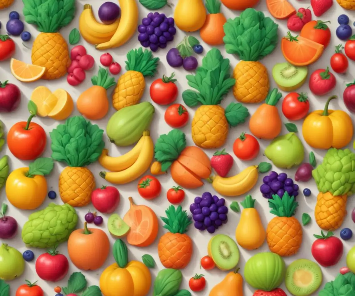 A vibrant assortment of colorful fresh fruits and vegetables arranged on a clean, light-colored surface.