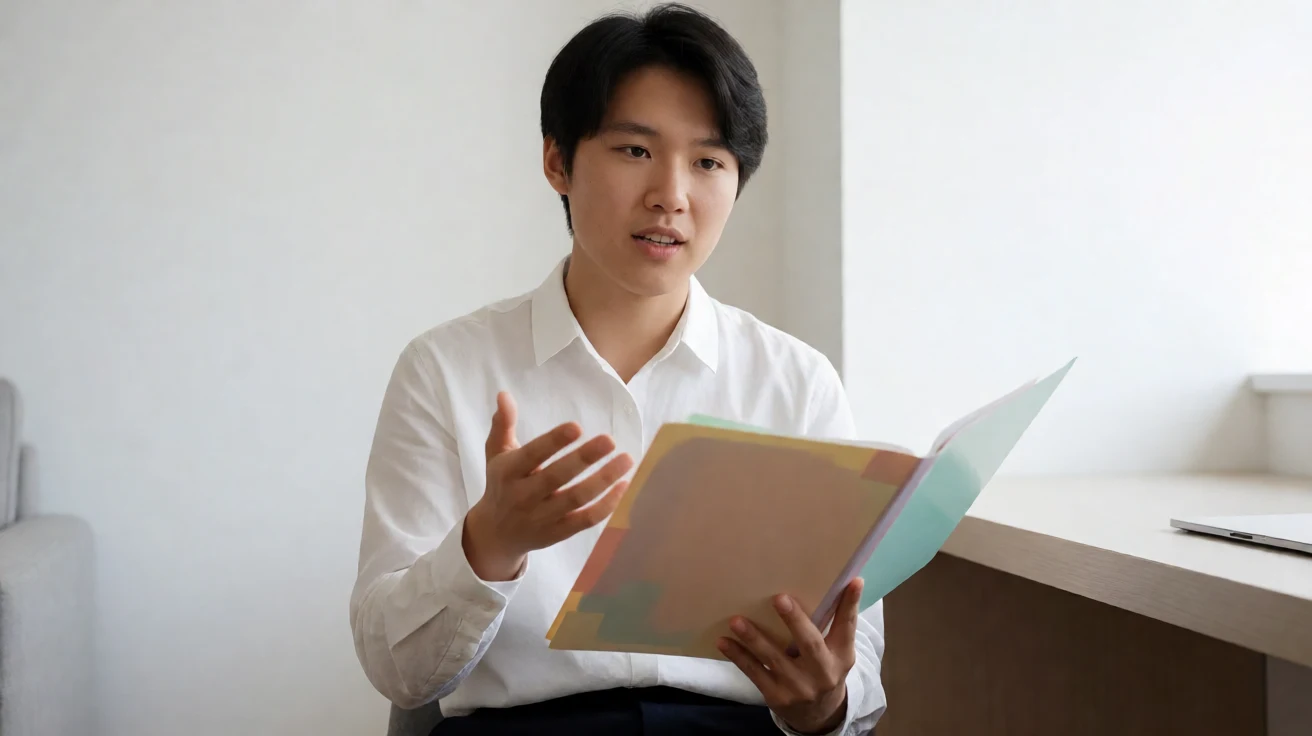 Person holding a colored folder while explaining their math color association