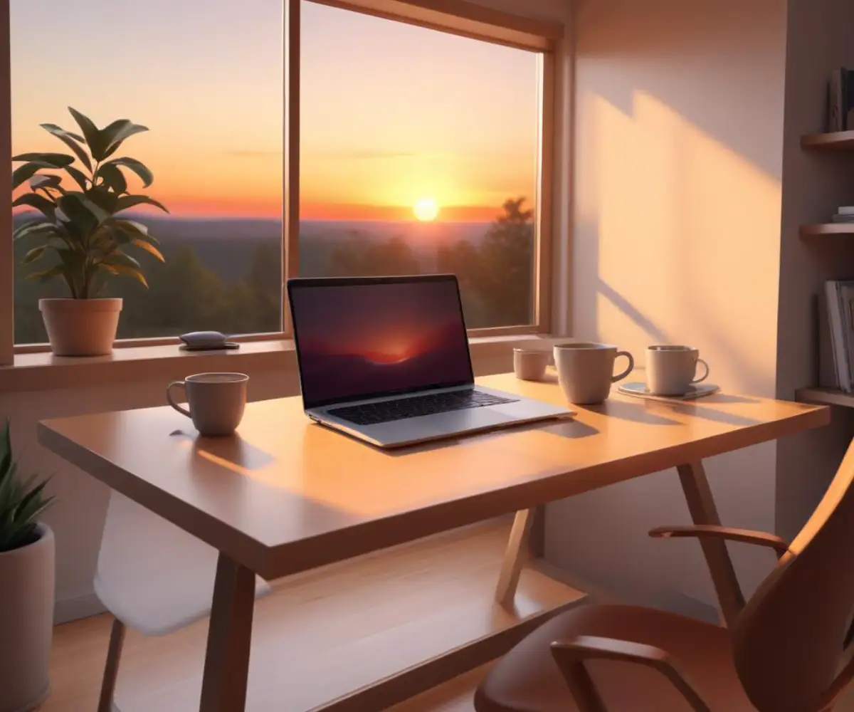 A sleek, modern desk at sunset with a closed laptop and an empty coffee mug, bathed in the warm, fading light from a window.